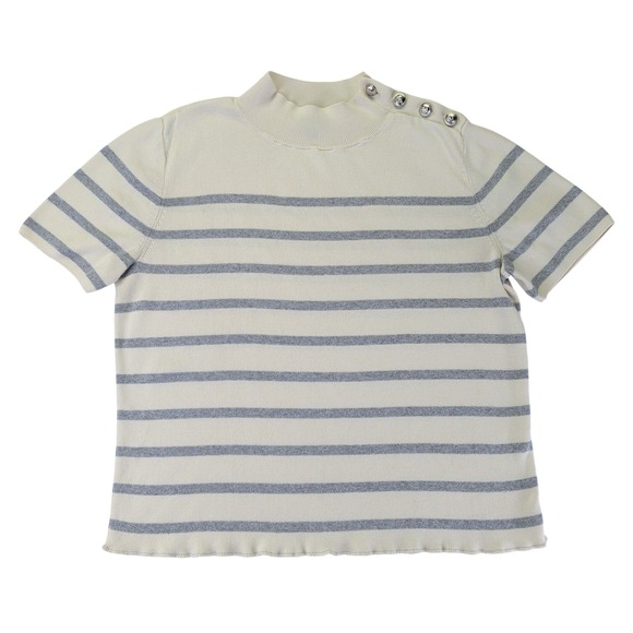 Talbots Sweaters - Talbots Womens Medium Striped Mock Neck Short Sleeve Sweater Silver Button Cream